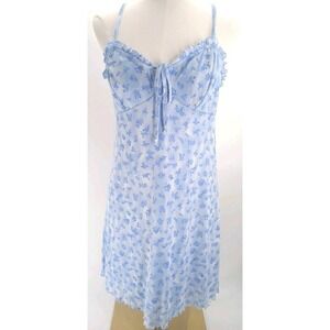 Hippie Rose Blue Floral Mesh Slip Boho Ruffle Accent Mini Sleeveless Sundress Lg